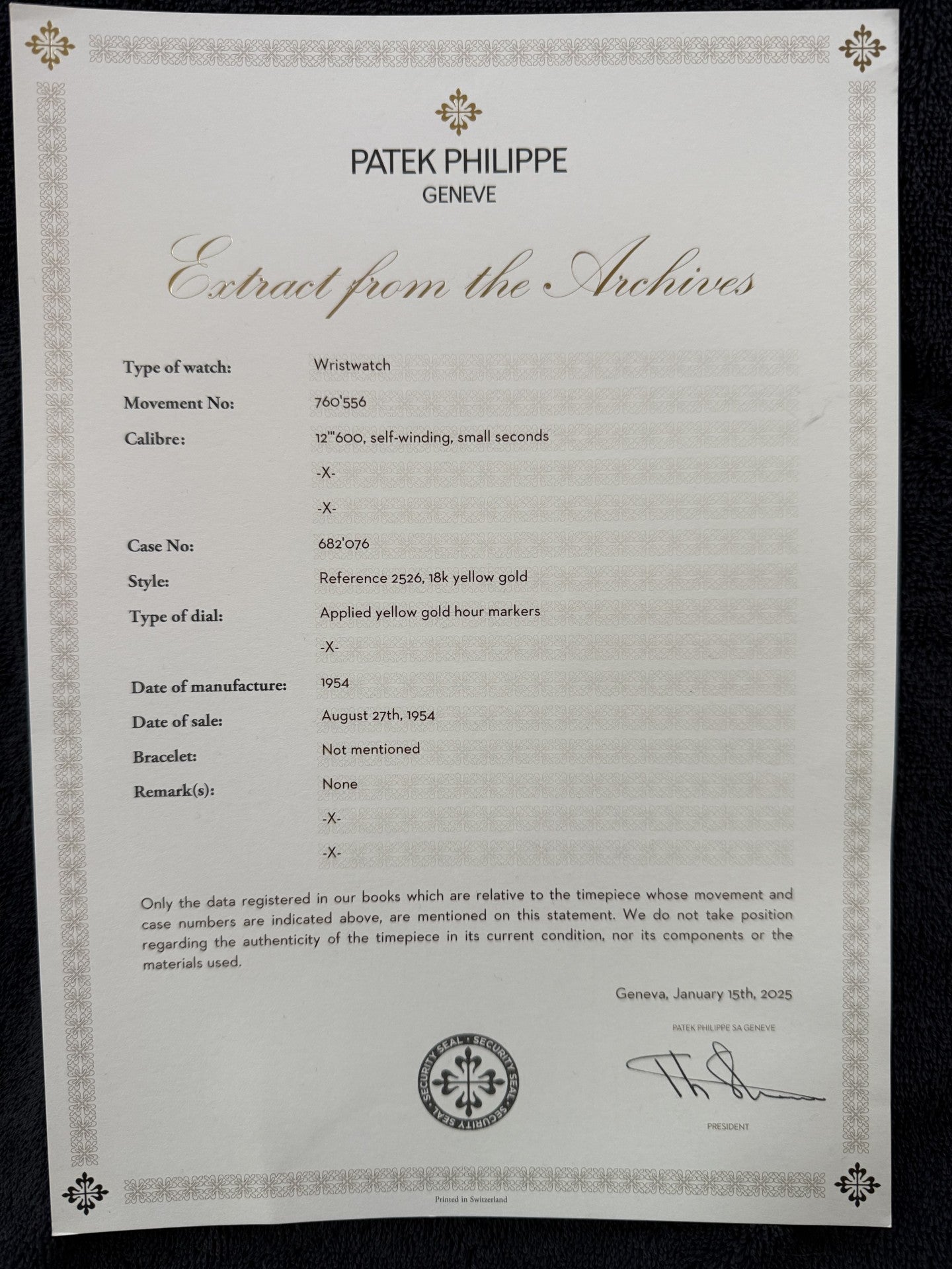 Patek Philippe 2526J - 1954 Première série - Cadran émail - Extrait