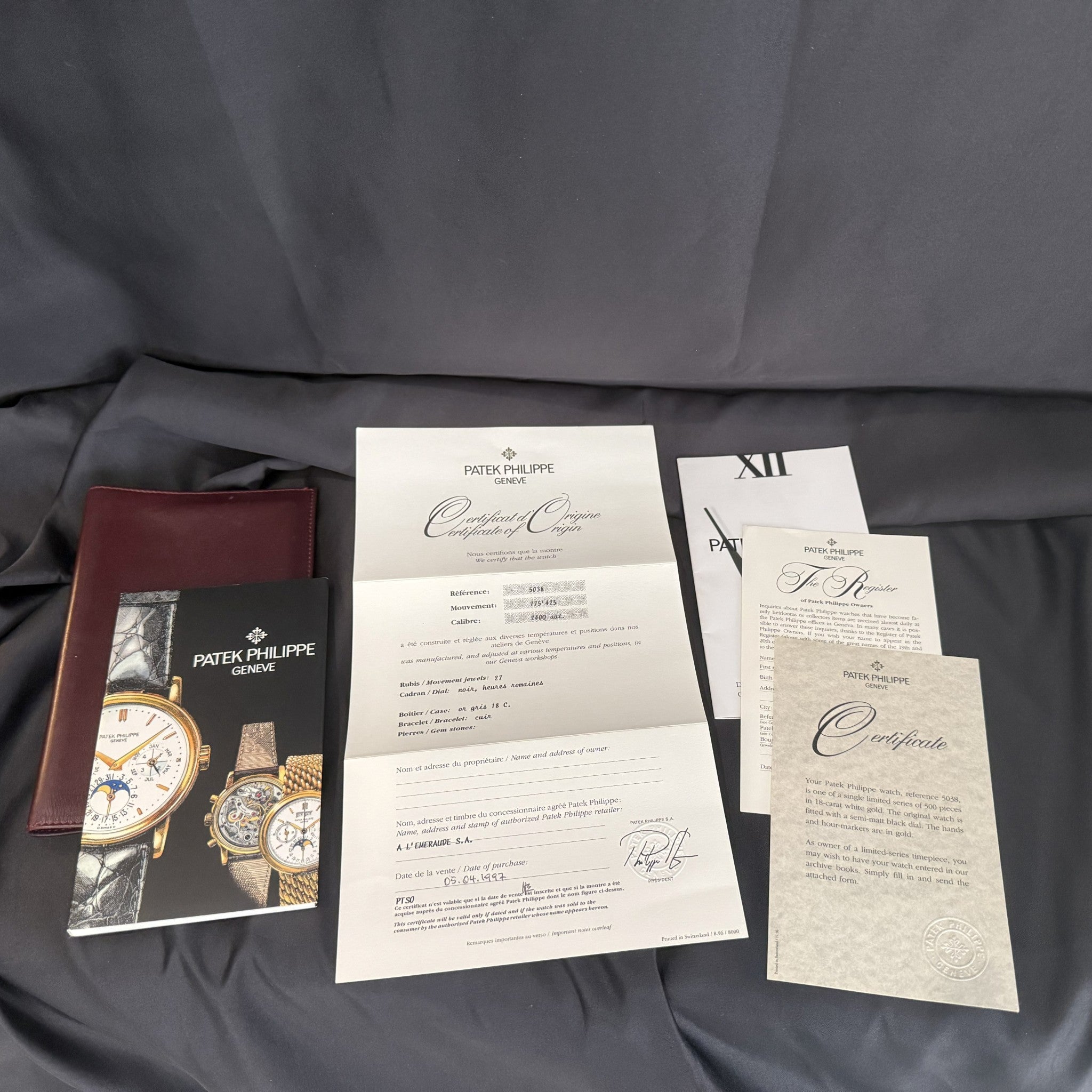 Patek Philippe Reference 5038G-001 – 1997 <br> Limited Edition of 500 <br> White-Gold Perpetual Calendar <br>Black Roman-Numeral Dial, Certificate of Origin and Full Set